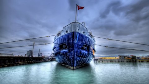 Лодка, корабль, пристань, море, флаг, hdr