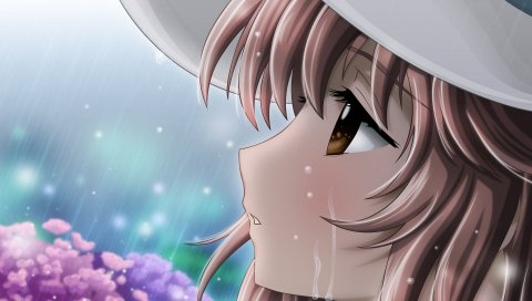 Девушка, грусть, слезы, дождь, шляпа