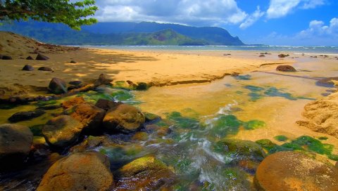 Hawaii, день, море, песок, камни