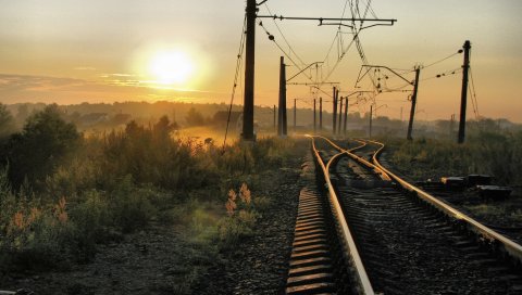Рельсы, перекрестки, железная дорога, дорога, вечер, колонны, провода