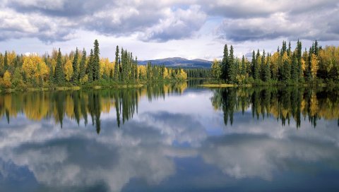 Озеро дракона, юкон, канада, озеро, деревья, облака, осень
