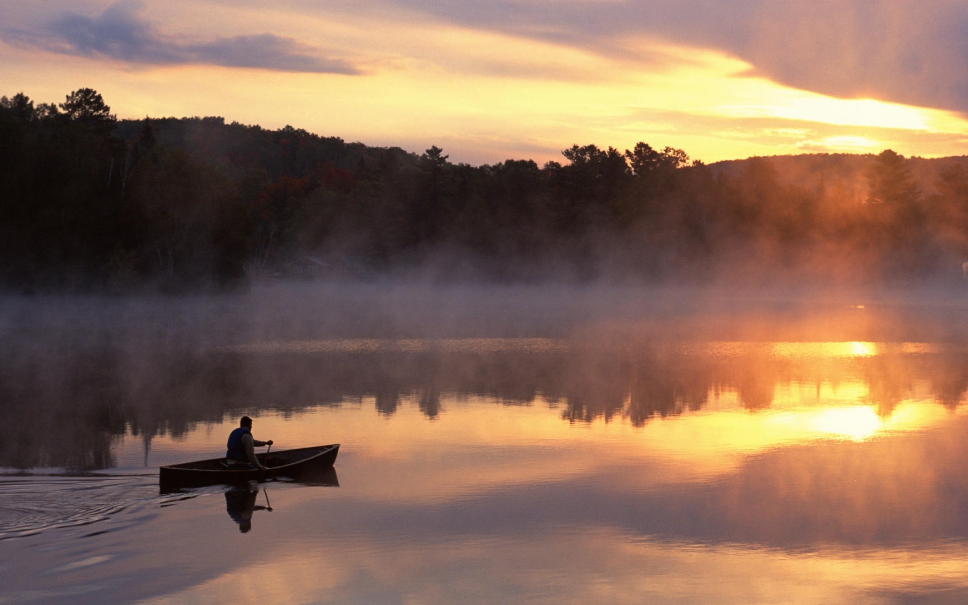 Картинки Лодка, озеро, человек, туман, горы, утро фото и обои на рабочий стол