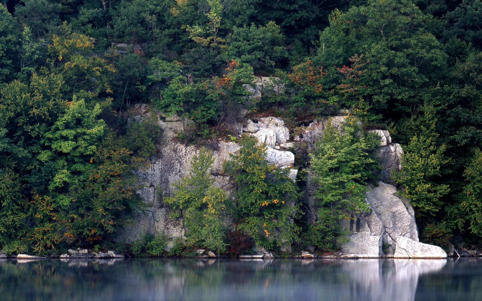 Картинки Скалы, деревья, озеро, растительность, гладкая поверхность воды фото и обои на рабочий стол
