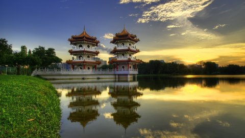 Китай, структуры, архитектура, озеро, отражение, утро, побережье