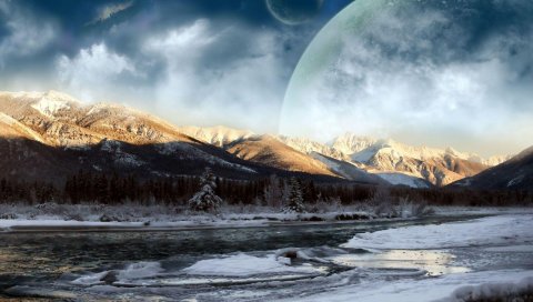 Дерево, зима, небо, планеты, фантазия, снег, тень