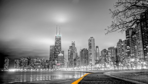 Парк, дорога, здание, черный белый, туман, hdr