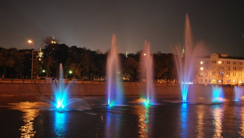 Москва, река, фонтан, ночь, огни