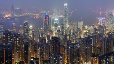 Hong kong, пейзаж, небоскребы, вид сверху, ночь, hdr