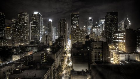 Нью-Йорк, Соединенные Штаты Америки, ночь, вид сверху, hdr