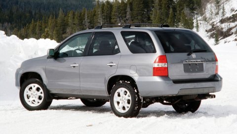 Acura, mdx, серебристый металлик, джип, вид сбоку, авто, лес, снег