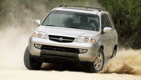 Acura, mdx, серебристый металлик, джип, вид спереди, дрифт, автомобили, песок, кусты