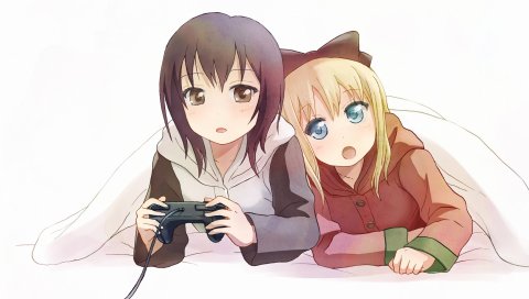 Аниме, девушки, игра, консоль, одеяло