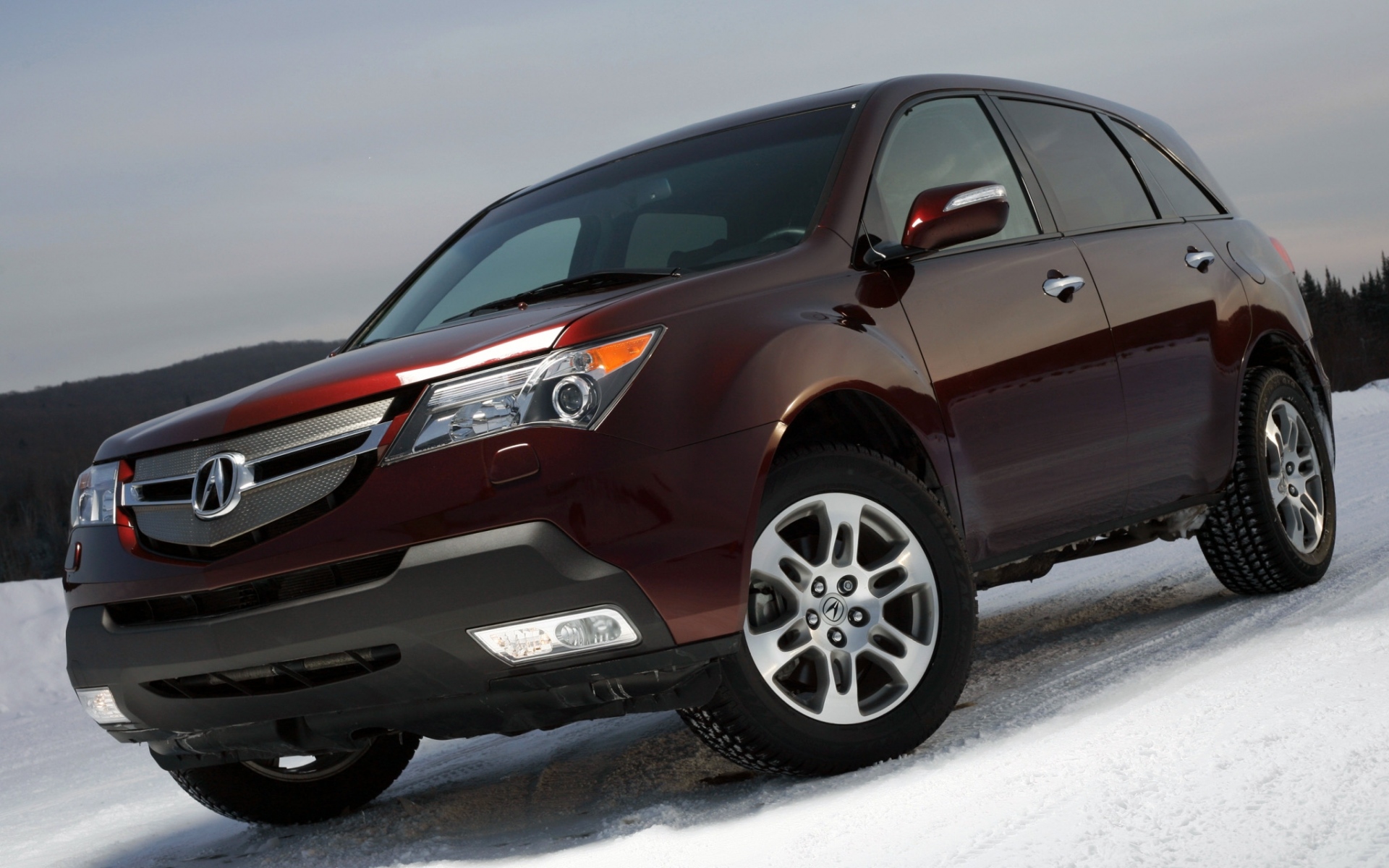 Картинки Acura, mdx, вишня, джип, вид спереди, автомобили, снег фото и обои на рабочий стол