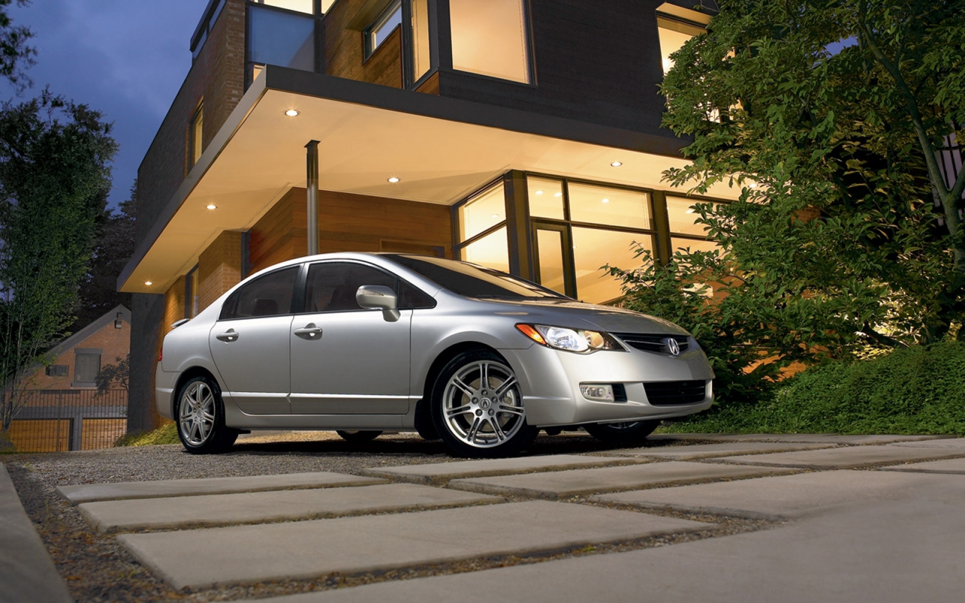 Картинки Acura, csx, type-s, металлическое серебро, седан, стиль, автомобили, вид сбоку, здание, дерево фото и обои на рабочий стол