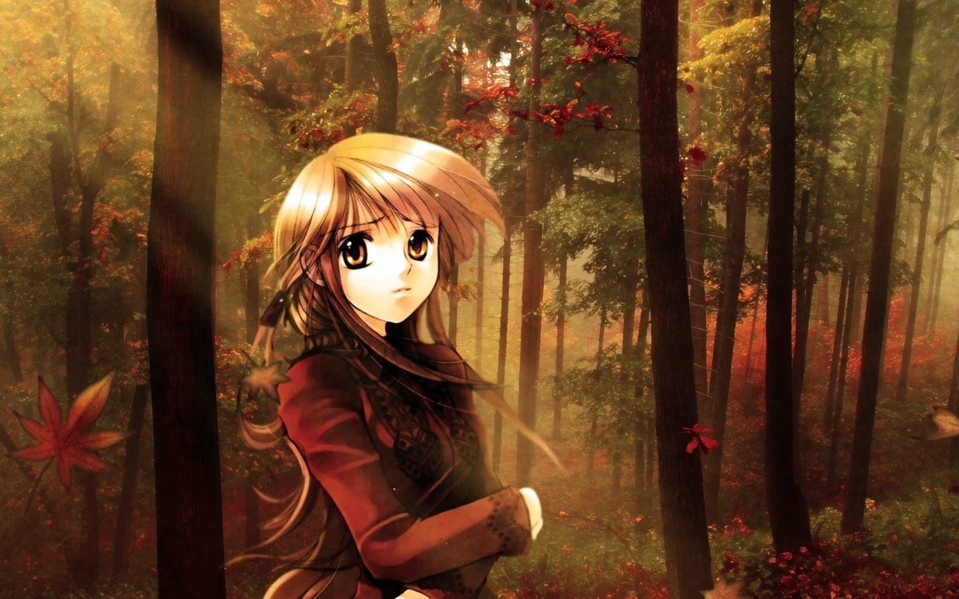 Картинки Аниме, девушка, прогулка, осень, лес фото и обои на рабочий стол