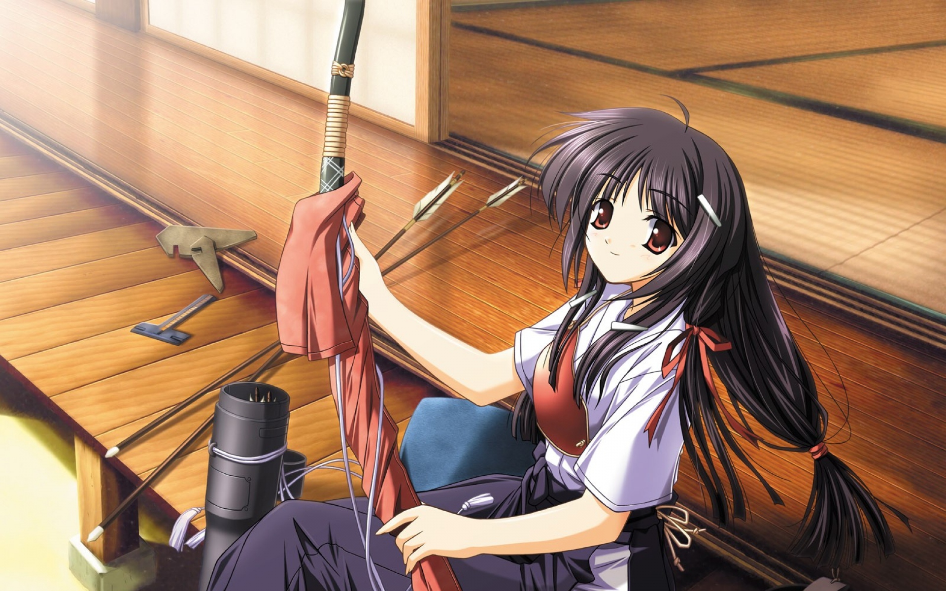 Картинки Аниме, девушка, кимоно, лук, стрелы, оружие фото и обои на рабочий стол