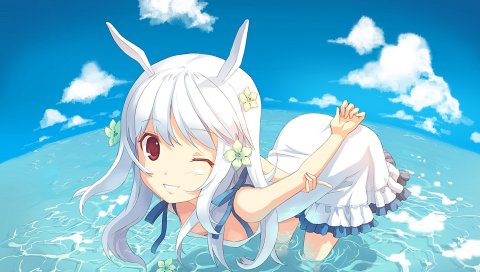 Аниме, девушка, животное, флирт, уши, вода, синий, небо