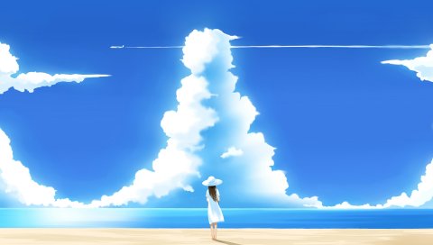 Девушка, рисунок, шляпа, пляж, небо, море, облако