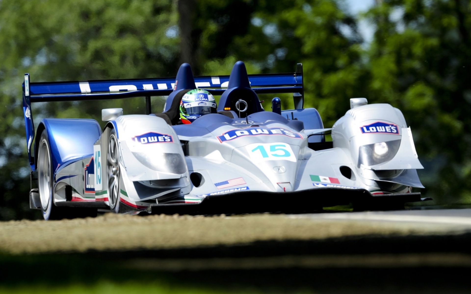 Картинки Acura, arx-01, болид, белый, синий, вид спереди, трек, спорт, движение, деревья, автомобиль фото и обои на рабочий стол