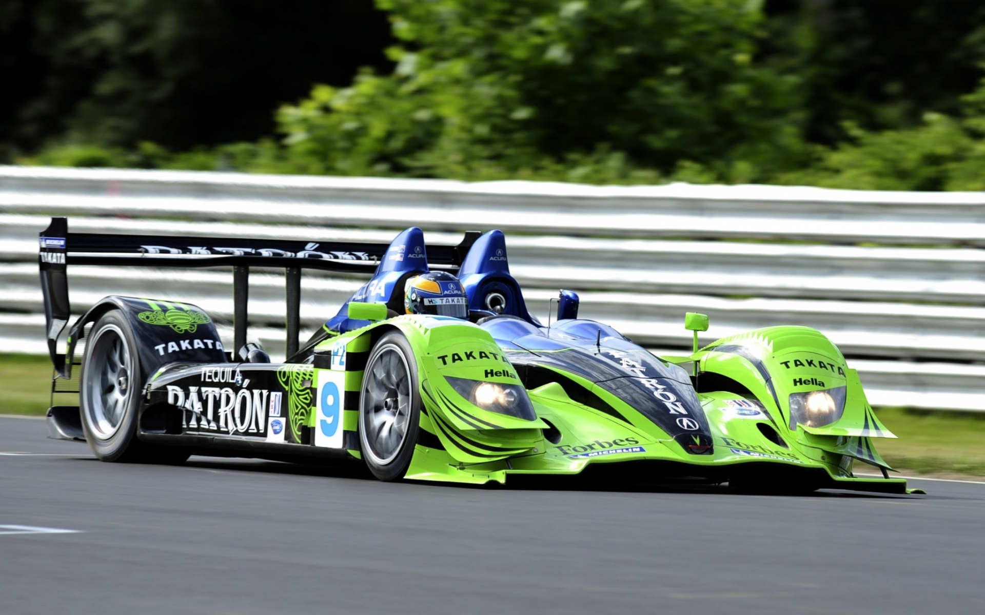 Картинки Acura, arx-01, зеленый, синий, движение, спорт, вид сбоку, трек, водитель, ca фото и обои на рабочий стол