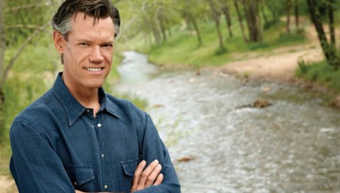 Randy travis, улыбка, рубашка, река, деревья