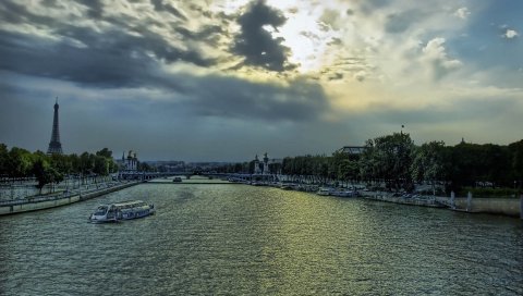 Париж, франция, река, Эйфелева башня, вечер