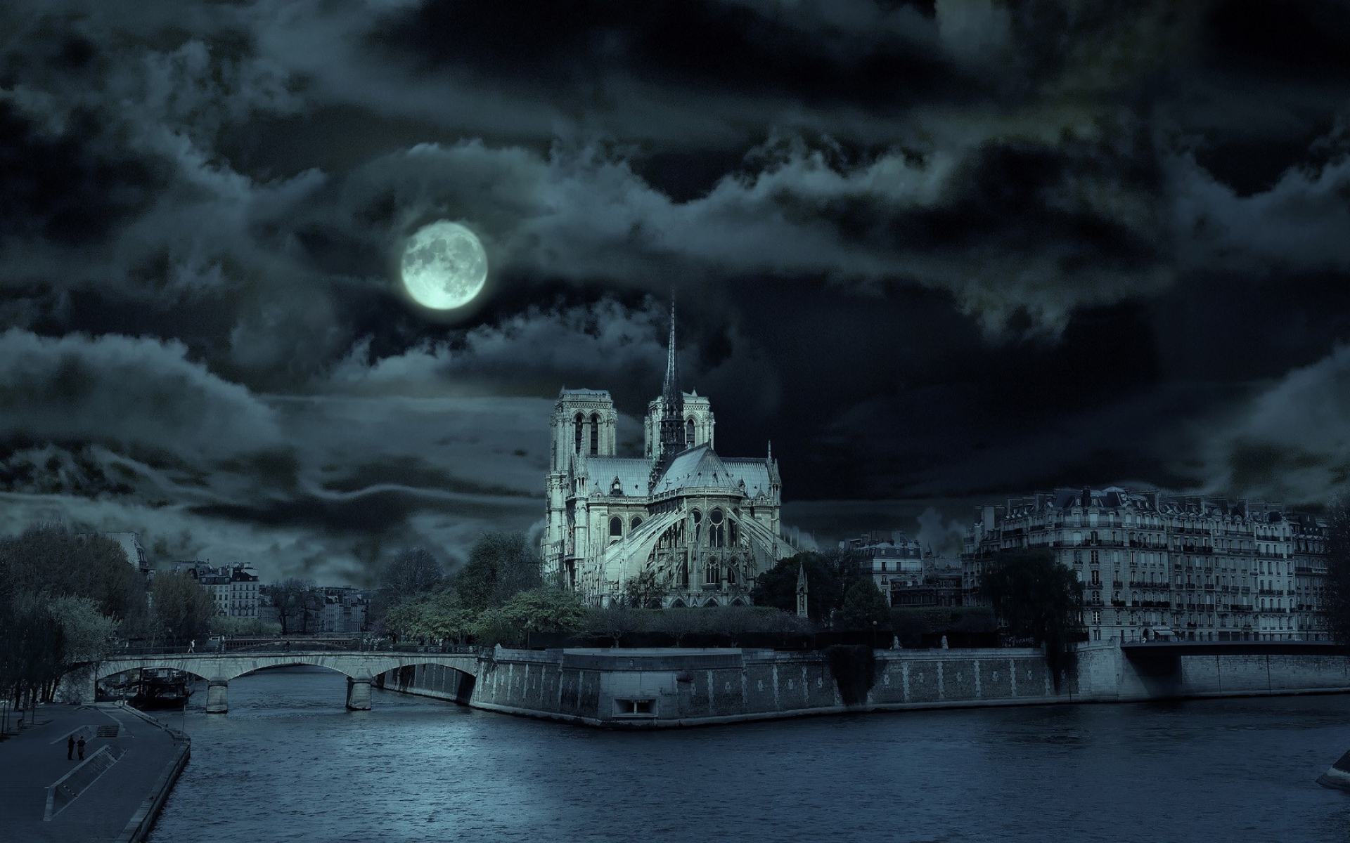 Картинки Франция, ночь, мост, река фото и обои на рабочий стол