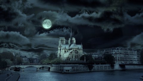 Франция, ночь, мост, река