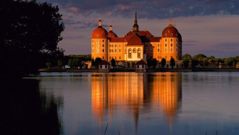 Германия, пляж, замок, закат, река