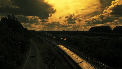 Рисунок, нефть, поезд, железная дорога, закат, небо