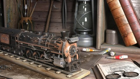 Игрушки, стол, книги, локомотив