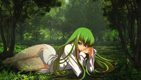 Аниме, девушка, зеленый, лес, рубашка