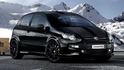 Черный, стильный автомобиль, вид сбоку на горы, abarth, scorpione