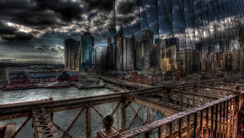 Город, мост, вид сверху, металл, старый, ржавчина, hdr