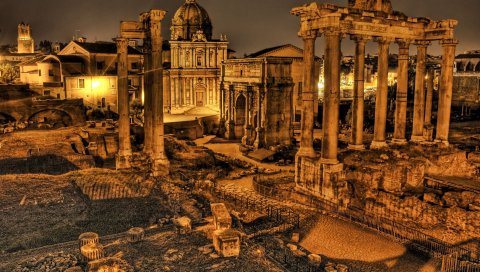 Италия, руины, колонны, винтаж, hdr