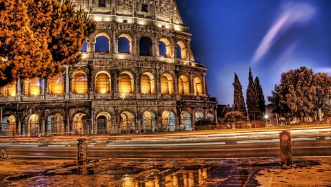 Колизей, Рим, Италия, улица, ночь, hdr