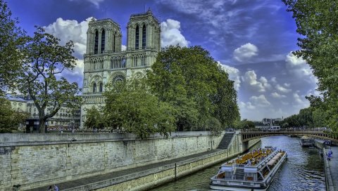 Река, здание, прогулка, набережная, деревья, корабль, hdr
