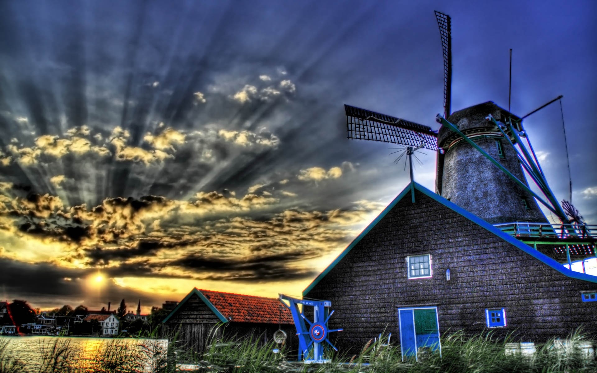 Картинки Мельница, дом, трава, река, свет, солнце, hdr фото и обои на рабочий стол