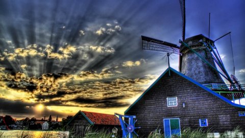 Мельница, дом, трава, река, свет, солнце, hdr
