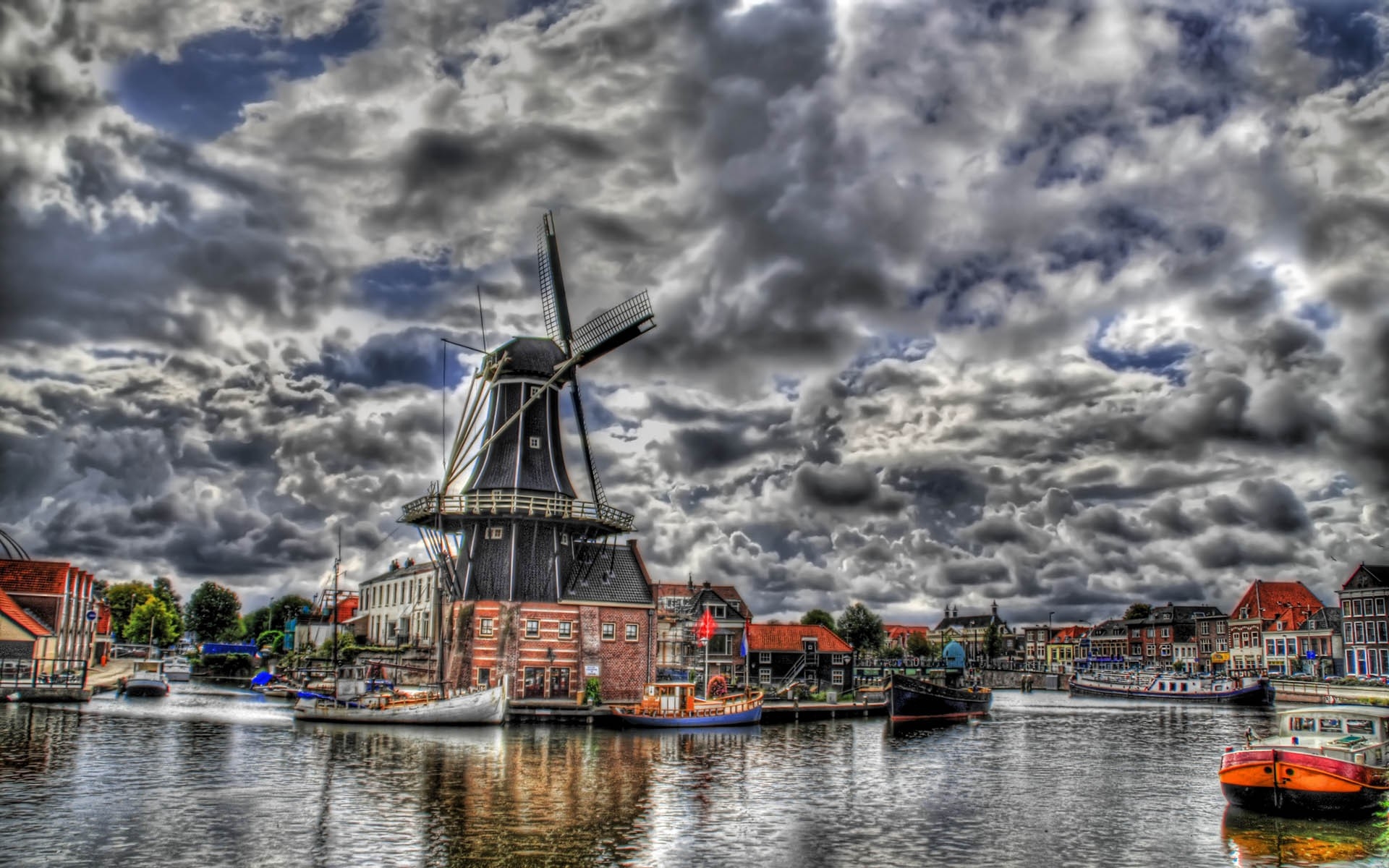 Картинки Мельница, река, дома, пейзаж, hdr фото и обои на рабочий стол