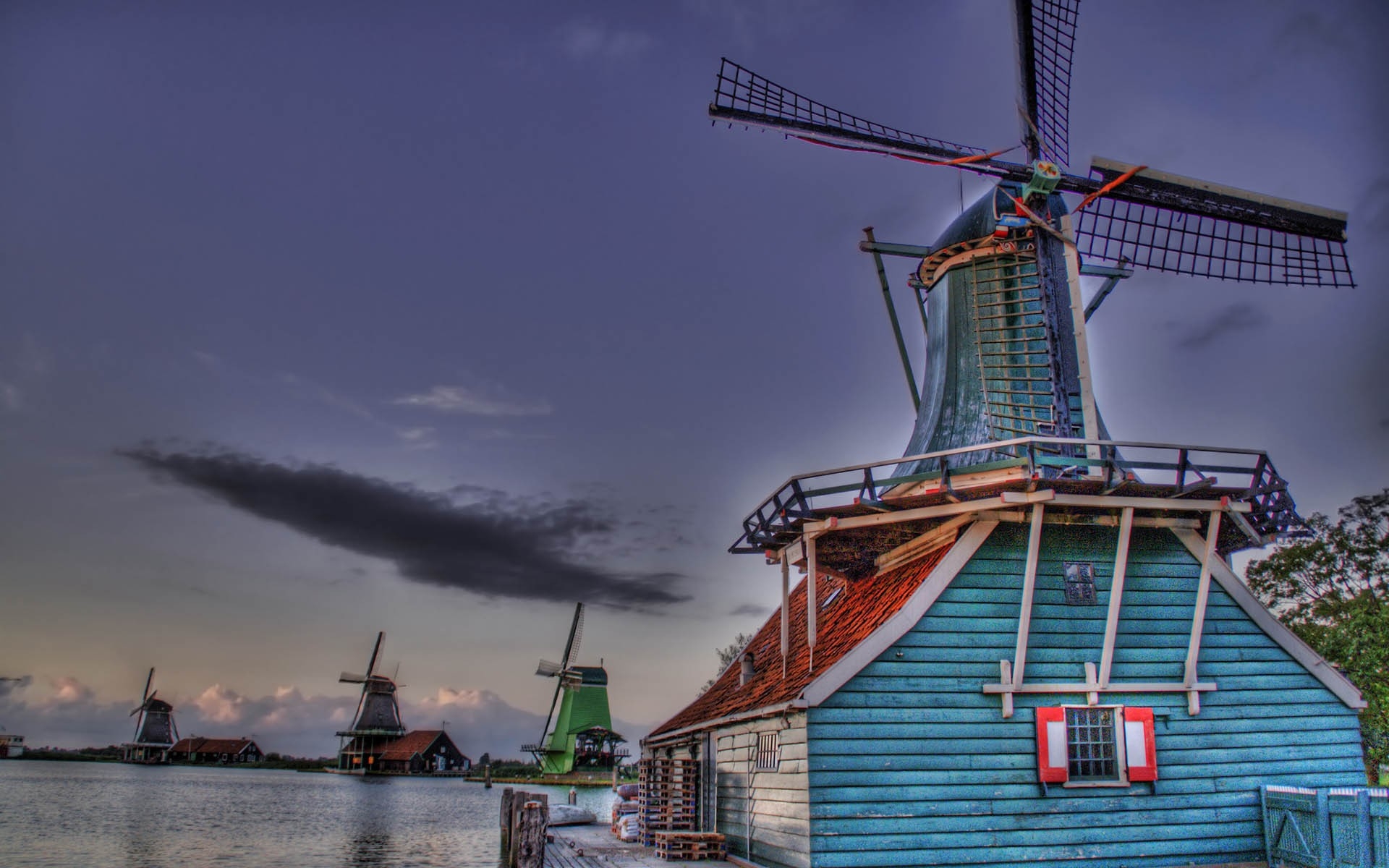 Картинки Мельницы, река, берег, небо, hdr фото и обои на рабочий стол
