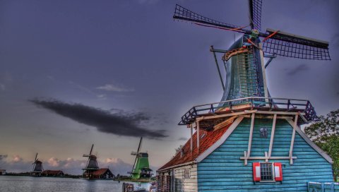 Мельницы, река, берег, небо, hdr