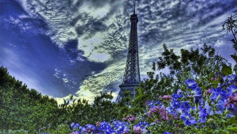 Эйфелева башня, Париж, Франция, цветы, hdr