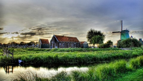 Деревня, мельница, дом, трава, озеро, hdr