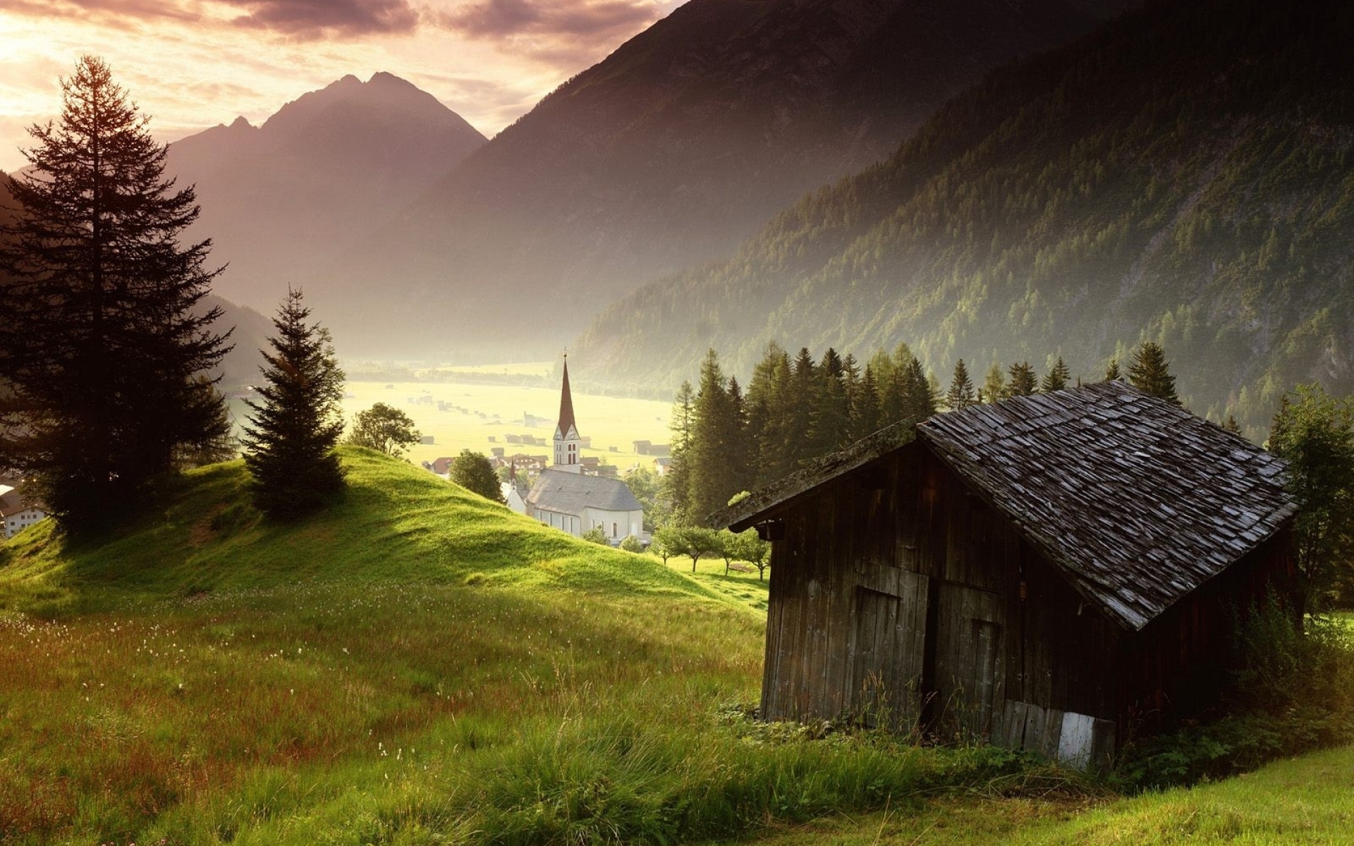 Картинки Тироль, Австрия, Туман, Гора, деревня фото и обои на рабочий стол