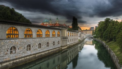 Словения, замок, река, камень, деревья, hdr