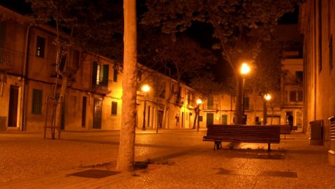 Улица, город, ночник, лампы, скамейка