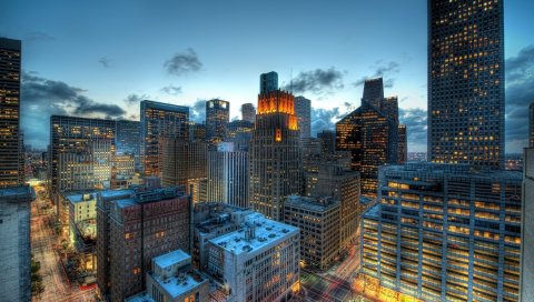 Здания, небоскребы, небо, вид сверху, hdr