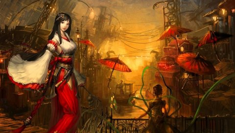 Девушка, брюнетка, страсть, оружие, зонтики, кимоно, красный дракон