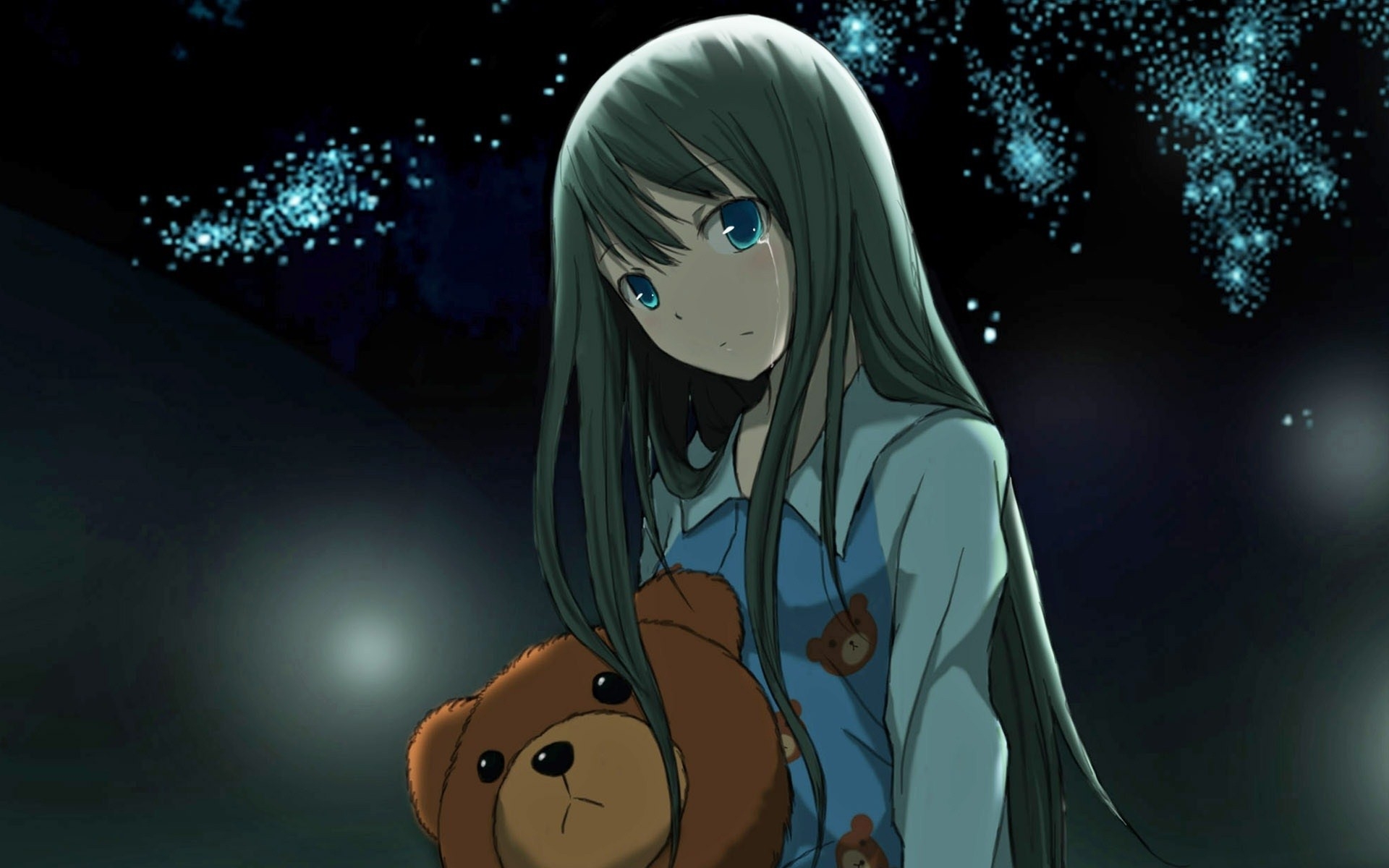 Картинки Аниме, девушка, игрушка, медведь, ночь, звезда фото и обои на рабочий стол
